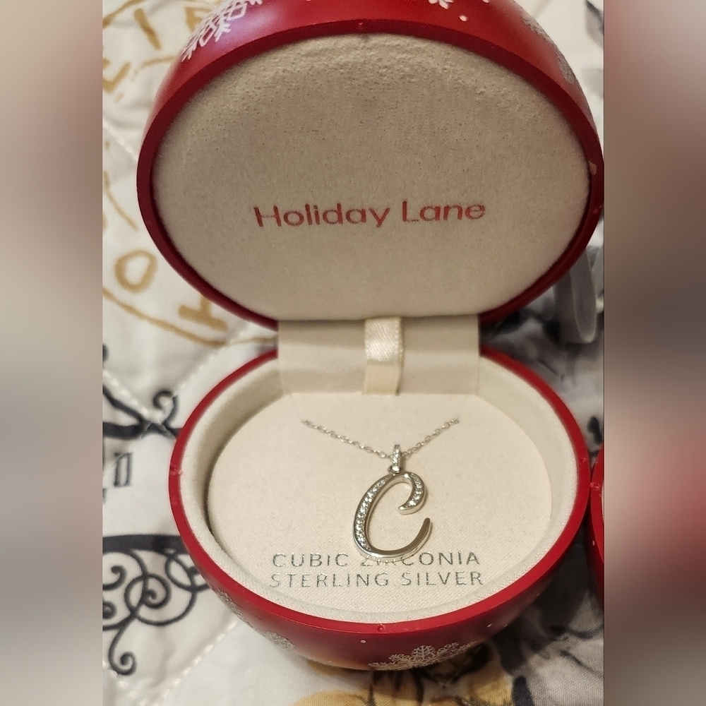 Sterling Silver Initial Necklaces in Festive Ornament Boxes LETTER; C